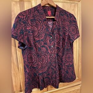 212 Collection Navy and Purple paisley short sleeve button down top